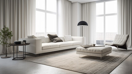 Modern living room design in white colors, generative ai