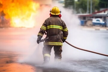 Firefighter employing water and extinguisher to combat the blaze, Generative Ai