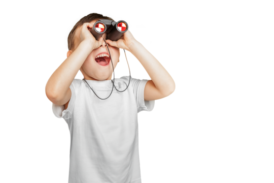 Happy cute boy is having looking through binoculars on the png backgrounds