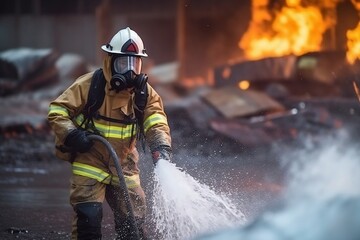 Firefighter employing water and extinguisher to combat the blaze, Generative Ai