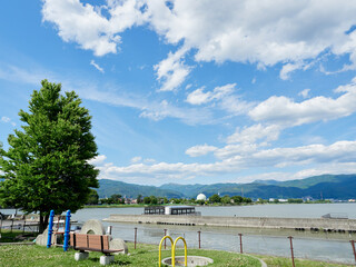 初夏、諏訪湖と公園