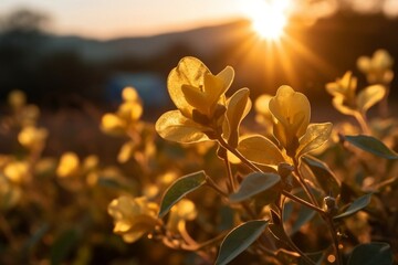 Blooming flower in the spring morning with golden sunrise, Generative Ai