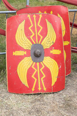 curved rectangular shields of roman legionary soldiers