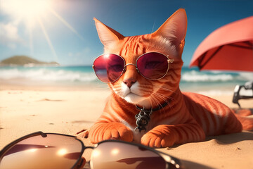 Red cat with sunglasses on tropical beach. Generative AI