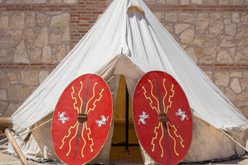 tent and oval shields of a soldier of the auxiliary troops of the ancient roman empire
