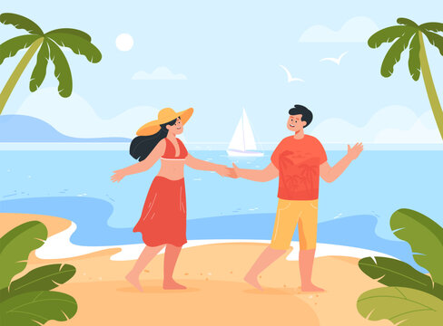 Couple walking on beach vector illustration. Happy husband and wife holding hands, enjoying vacation near sea in summer. Travel, love, relationship, nature concept