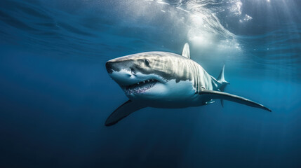 Fototapeta premium a great white shark (Carcharodon carcharias) underwater. Generative AI