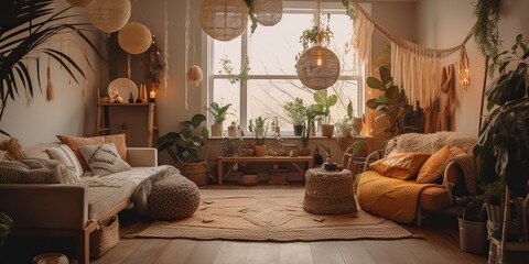 AI Generated. AI Generative. Rustic retro vintage cozy living room. Macrame, plants, sofa, wood indoor romantic hippie style. Graphic Art