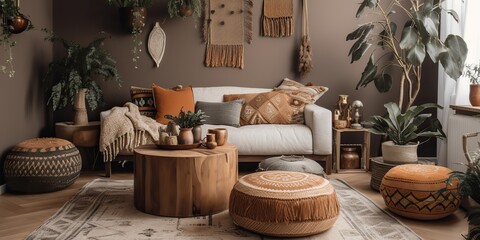 AI Generated. AI Generative. Rustic retro vintage cozy living room. Macrame, plants, sofa, wood indoor romantic hippie style. Graphic Art