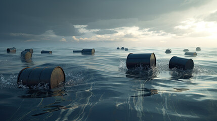 Fototapeta na wymiar old metal barrels float in the water. Generative AI