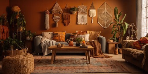 AI Generated. AI Generative. Rustic retro vintage cozy living room. Macrame, plants, sofa, wood indoor romantic hippie style. Graphic Art