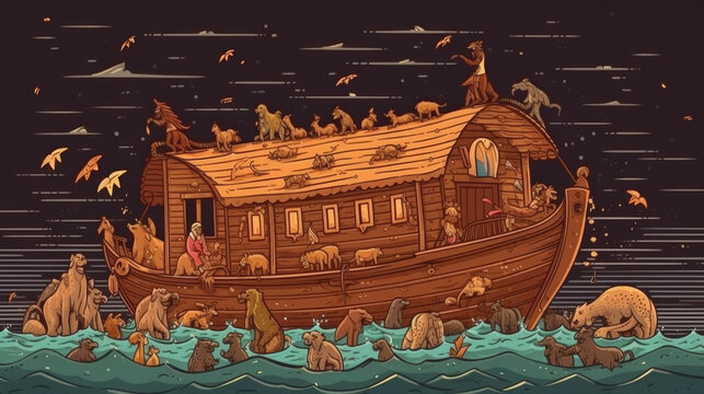creative illustration of a noah's ark with animals in the storm. Generative AI
