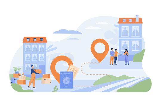 People moving to another country vector illustration. Man carrying boxes from one house to another, couple buying new apartment. Map pins with passport and tickets. Relocation, travel concept