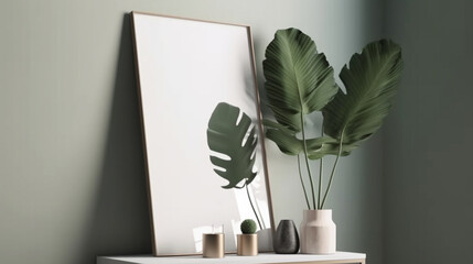 Empty vertical frame mockup in modern minimalist interior with plant, generative ai
