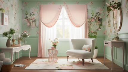 Nature inspired room design in pastel colors, generative ai