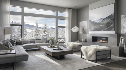 Fototapeta na wymiar Nature inspired winter mountains room design, generative ai