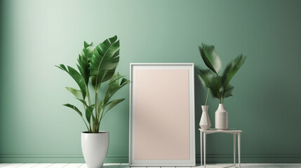 Empty vertical frame mockup in modern minimalist interior with plant on green wall, generative ai