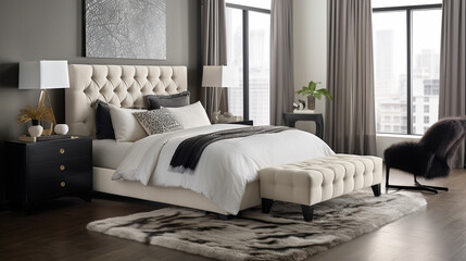 Modern bedroom design in light colors, generative ai