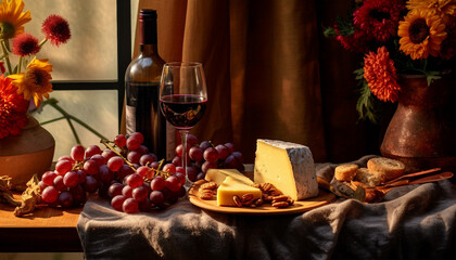 Naklejka na ściany i meble Arrangement featuring wine glasses, cheese, and grapes Generative AI