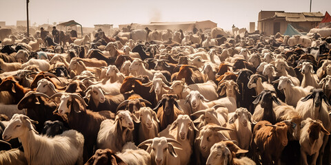 Fototapeta na wymiar Herd of goats grazing in a rural field