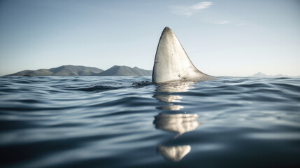 Fototapeta premium a shark's dorsal fin emerges from the water. Generative AI
