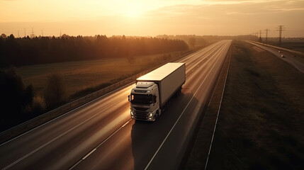 a truck drives on a highway at sunset. transportation concept. Generative AI