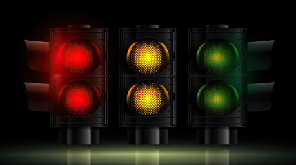 multiple traffic lights isolated on black background. Generative AI