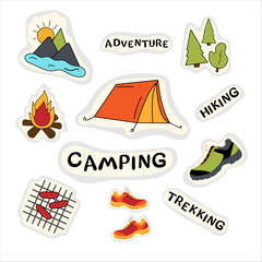 A set of stickers for camping, stickers, tourism, tracking, hiking. Label collection, bonfire, tent, nature, adventure,grill.