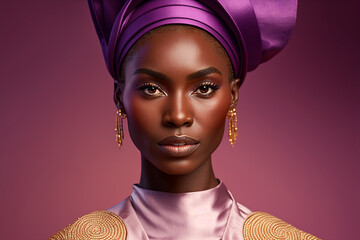 Sensual black woman wearing African national costume isolated on purple background. Generative AI.
