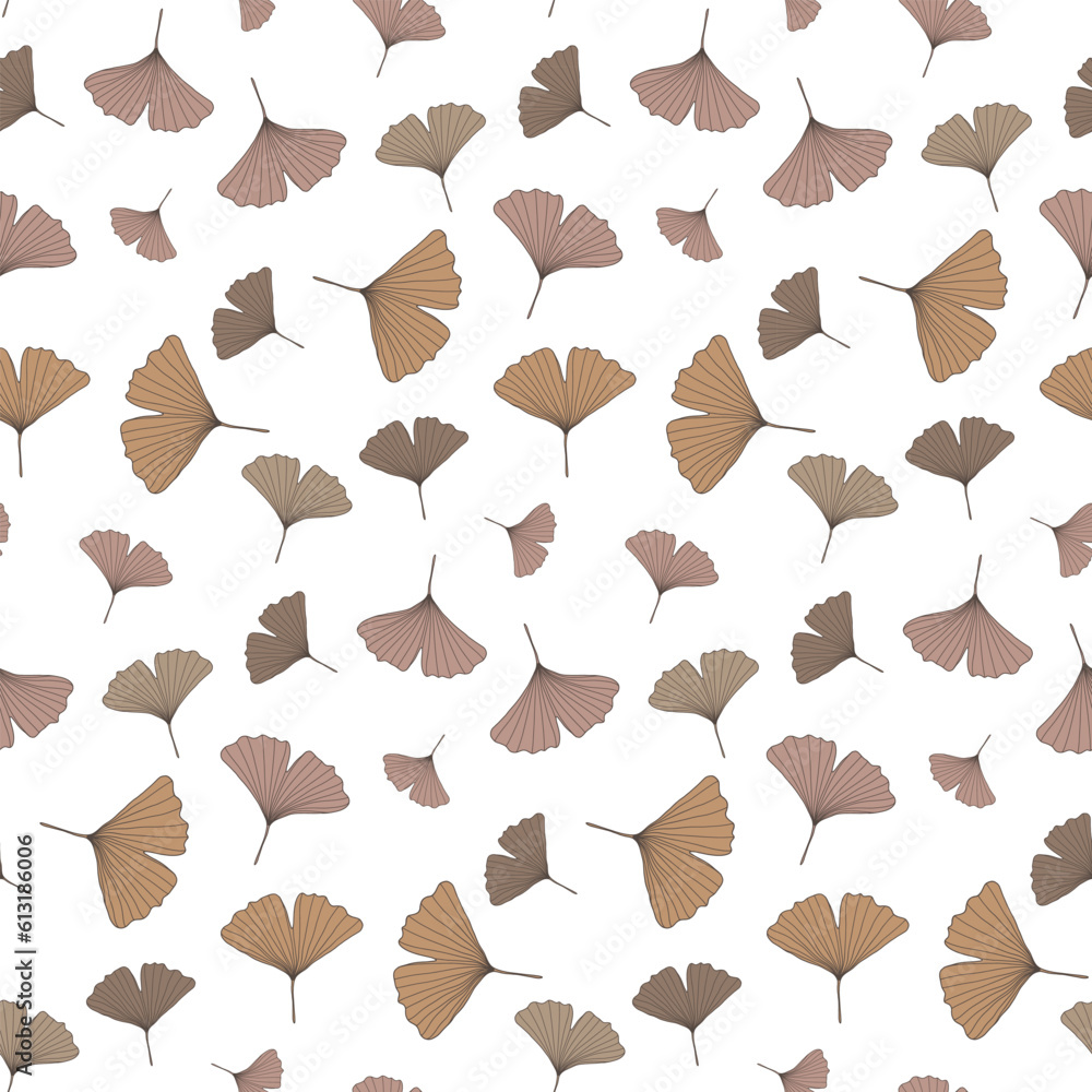 Poster vector seamless pattern with beige ginkgo biloba leaves on a white background. pattern for textiles,