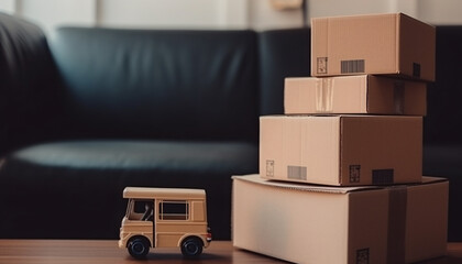 Cardboard boxes with packed items and car, moving concept, AI generated