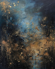 Abstract Blue Gold Backdrop made with Oil Paint on Canvas. Abstract Modern Painting, Wall Art. Abstract Artwork. Generative ai