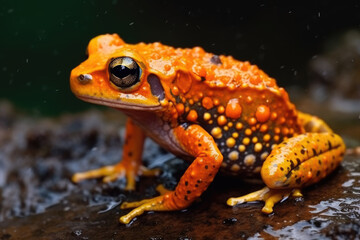 Colorful jungle tree frog. Amphibian wildlife in the rainforest. Speckled poison toad closeup.