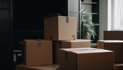 Moving concept, a lot of cardboard boxes with packed things and a houseplant in an empty room, AI generated