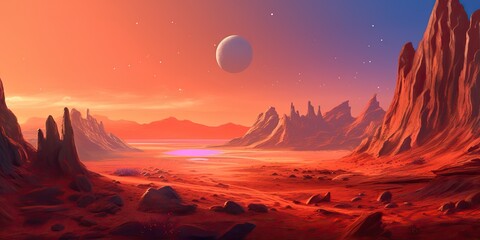 AI Generated. AI Generative. Mars planet landscape surface galaxy space future view scene. Comics illustration style. Graphic Art