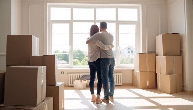 Young couple hugging in new house with things packed in boxes, back view, moving concept, AI generated