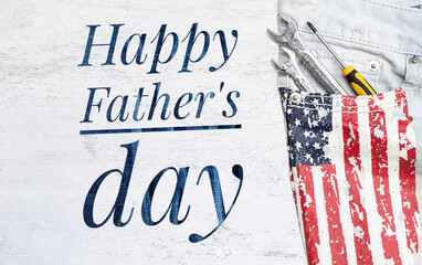 Happy Father's day card background idea, Happy father's day banner on white background with tools in jean pocket with USA flag pattern