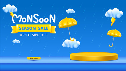 Monsoon season banner sale with podium design with 3d clouds lightning yellow umbrellas