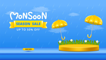 Monsoon season banner sale with podium design with 3d clouds lightning yellow umbrellas