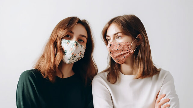 Image of two girls friends with face masks on a white background, generative AI tools