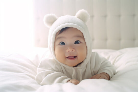 Newborn wrapped in a white blanket, lying in bed, plush toy, white bedsheet background, two months old, baby photography. Happy young baby in diaper lying on white sheet. AI Generative
