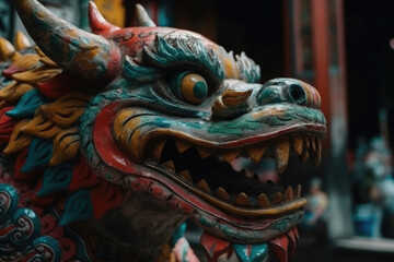 Naklejka premium Chinese dragon statue in the temple. Chinese New Year. Asian gargoyle Thailand. Colorful paper. 
