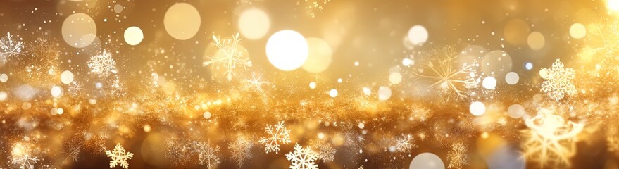 Golden bokeh background with glitter, light and snowflakes. Beautiful sparkling blurred banner backdrop for all celebration, holiday shiny projects. Generative AI.