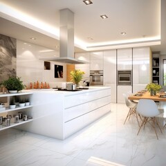 Modern kitchen interior at day time with a way to go to an outside door on the tile floor, there are plastic chairs near the counter