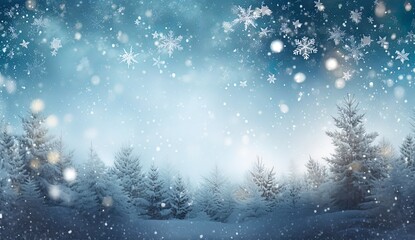 Fototapeta na wymiar Blue winter snowy landscape with snowflakes and blue sky. Snow covered tree card. Copy space. Season, winter, Christmas. Generative AI.