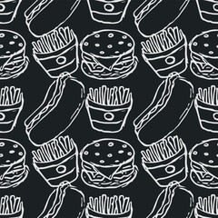 Seamless fast food pattern. fast food background. Doodle fastfood icons. Drawn food pattern