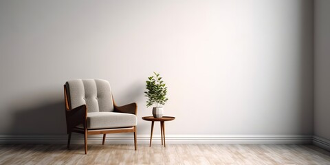 AI Generated. AI Generative. Minimalistic living room design decoration with elegant armchair at wall wirh plant and cozy decor. Graphic Art