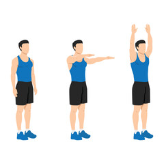 Man doing double arm front raises to overhead extension. Flat vector illustration isolated on white background