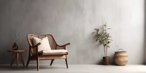 AI Generated. AI Generative. Minimalistic living room design decoration with elegant armchair at wall wirh plant and cozy decor. Graphic Art