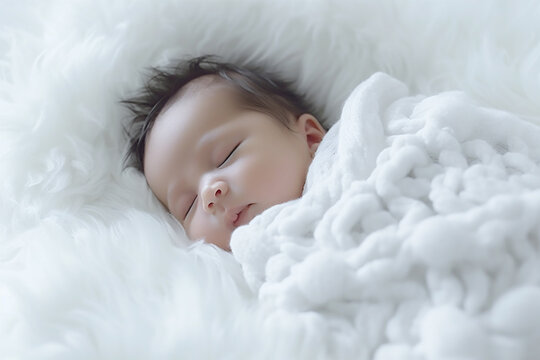 Newborn wrapped in a white blanket, lying in bed, plush toy, white bedsheet background, two months old, baby photography. Happy young baby in diaper lying on white sheet. AI Generative